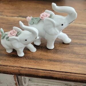 White Ceramic Elephant Figurines with Pink Flowers
